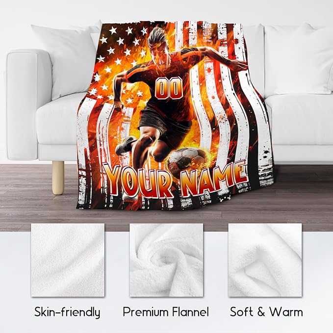 Soccer Blanket for Boys, Personalized Kids Throw Blankets, Custom Soccer Gifts for Son, Warm Flannel Sports Theme Throw for Sofa, 30"x40"