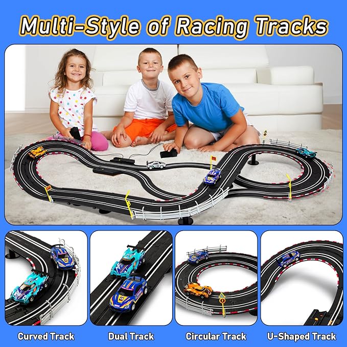 Electric Slot Car Race Track Sets - 1:43 Race Car Track Sets with 4 Slot Cars with Headlights, 2 Hand Controllers, Dual Racing Game Lap Counter, Birthday, Toys for Kids