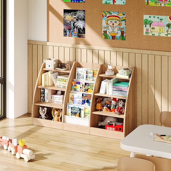 4 Tier Kids Bookshelf, 4 Layer Sling Kid Book Shelf for Kids Rooms, XXL Wood Children Bookcase,Baby Storage Book Rack,Toddler Bookshelfs, Book and Toy Organizer,Books Display Shelf Burlywood