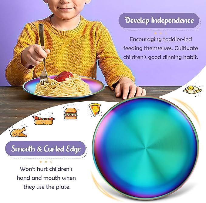 HaWare 4-Piece 18/8 Stainless Steel Plates, Metal 304 Dinner Dishes for Kids Toddlers Children, 8 Inch Colorful Feeding Serving Camping Plates, Reusable Dinnerware, Non-toxic, Dishwasher Safe, Rainbow