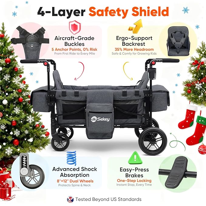 Sekey Wagon Stroller for 2 Kids, Luxury 4-in-1 Stroller Wagon - Premium Quality with Convertible Seats, Adjustable Push Handles, Removable Canopy, Snack Tray & Cooler, US Certified