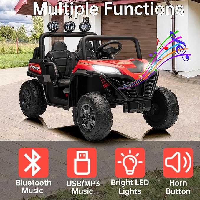 24V Side by Side Ride On UTV, Battery Powered 4x4 Ride On Car with Remote Control, Kids 2 Seater Electric Car with Bluetooth, Red