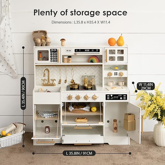 Wooden Play Kitchen for Kids– Realistic Appliances, Smart Storage & 15 Fun Accessories for Inspiring Pretend Play (Ages 3+)