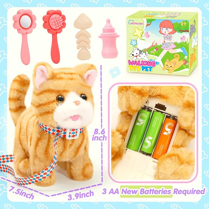 Plush Toys Cat for Kids with Leash, Interactive Electronic Kitty That Walking,Meowing, and Tail Wagging, Stuffed Cat Christmas Birthday Gift for Boys and Girls