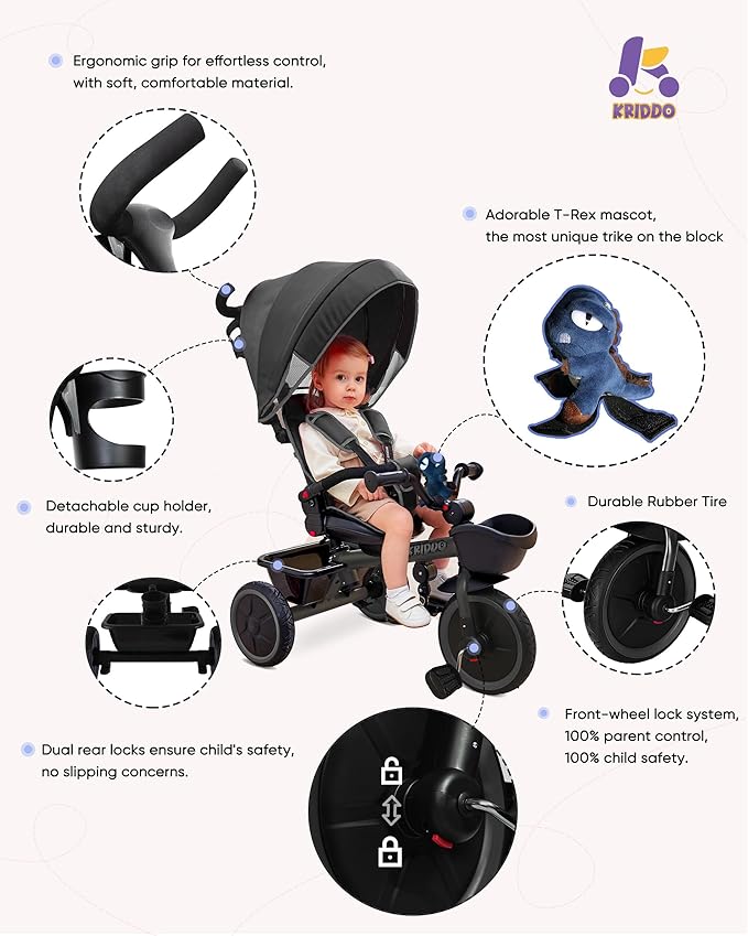 KRIDDO 7-in-1 Tricycle Stroller for Toddlers 18 Months to 5 Years, Adjustable Push Handle, Rotatable Seat, Cup Holder and Retractable Canopy, Folding Baby Trike w/Detachable Guardrail, Footrest, GY