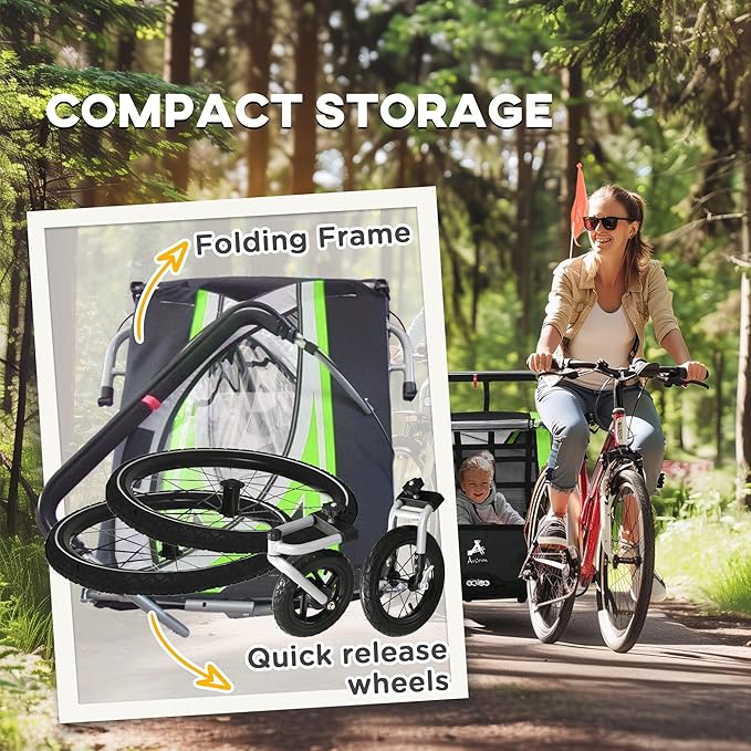 Aosom 3-in-1 Walk/Jog/Ride Child Baby Bike Trailer for Kids 2 Seater, High-Visibility Bike Stroller for Toddler Wagon, Weather-Strong Double Bicycle Trailer Accessory for Kids