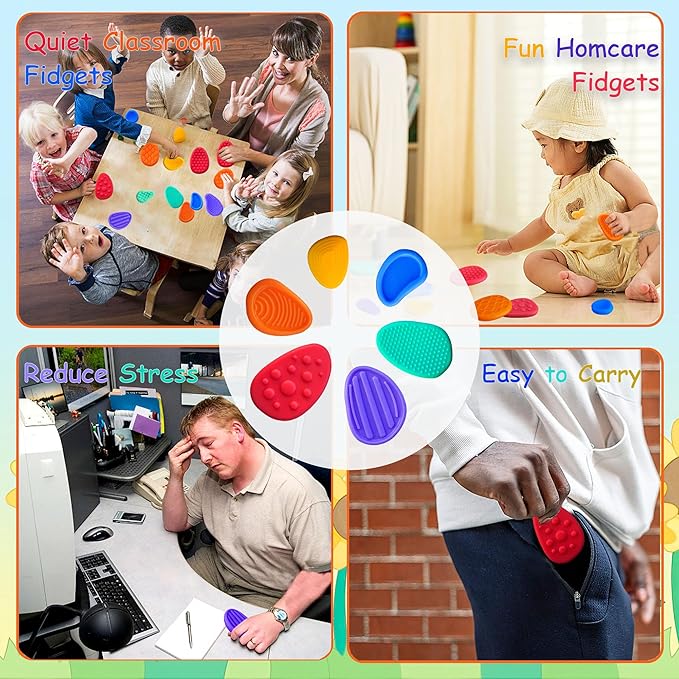 Sensory Stone Fidget Toys for Autism - 6 Pack Textured Soft Worry Stones, Stress Anxiety Relief Sensory Toys for Kids & Adults, Calming Classroom Prizes, Office Coworker Gifts