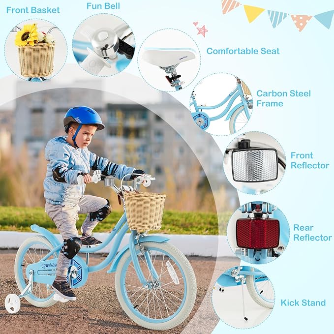 BABY JOY Kids Bike, 14 16 18 Inch Retro Kids Bicycles for 3-8 Years Old Children with Training Wheels, Adjustable Height, Rattan Basket, Handbrake & Coaster Brake, Boys Girls Bike (Pink, Green, Blue)