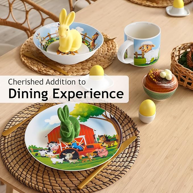 MIAMIO – Set of 3 Kids Dinnerware Set/Porcelain Children Dishes, Kids Dish Set, Children’s Tableware Set - Includes Plate, Bowl and Cup – For Kids and Toddler (Farm)