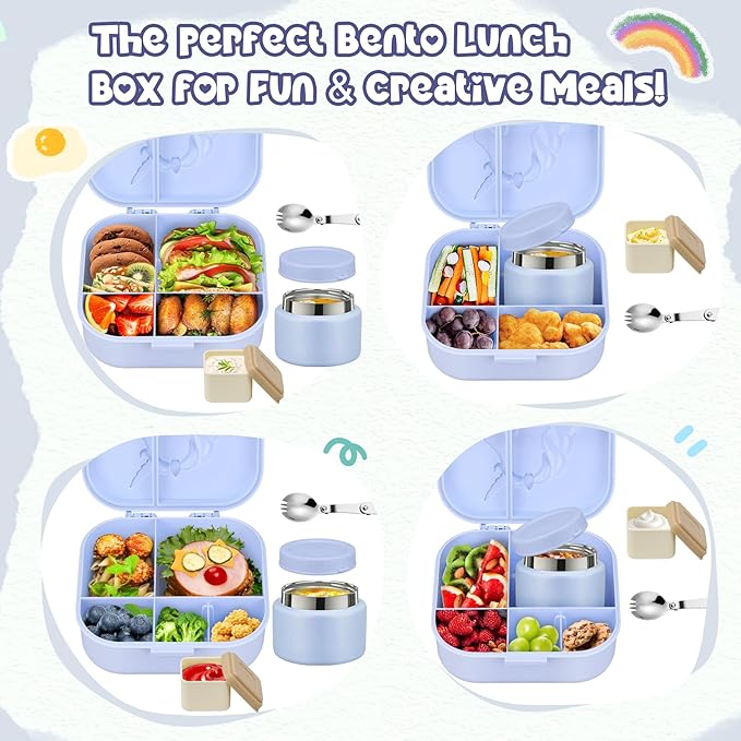 Kids Lunch Box Set -12oz Insulated Food Jar, Thermal Bag,Leakproof Lunch Food Containers Cutlery (BPA Free)-Gift for Girls/Boys Age 3-10 (Blue+Blue Jar)