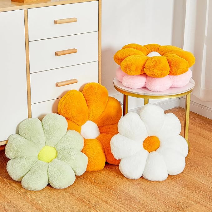 20" Large Yellow Flower Pillow Floor Pillow Seat Cushion – Faux Rabbit Fur Plush Throw Pillow, Cozy Floor Cushion & Gift for Kids Girls Adults