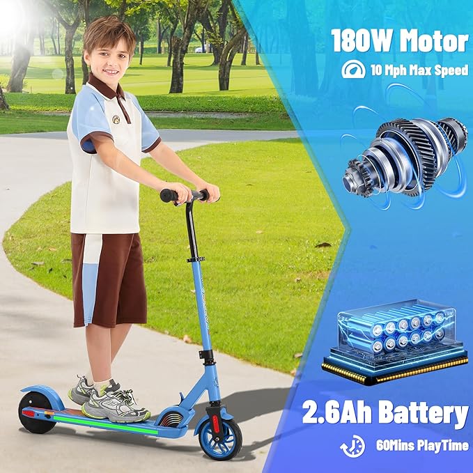 Caroma Electric Scooter for Kids Ages 6-14, 180W/150W Motor & 10 Mph, 85 Mins Ride Time, Adjustable Height & Speed, LED Display & Colorful Lights, Kids Electric Scooter, Best Gifts for Girls and Boy