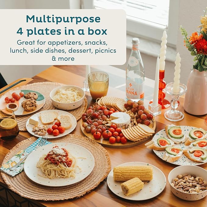 Nook Theory 4 Pack Reusable Bamboo Plates - Non-Toxic Toddler and Kids Plate, Dishwasher Safe, Not Microwavable Dinnerware (Fiesta 8")