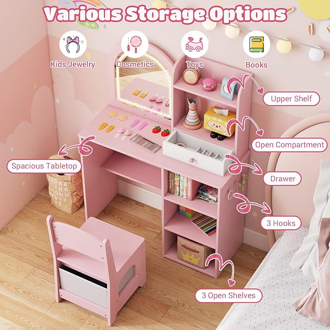 Costzon Kids Vanity with Lights, Girls Vanity Set with Mirror, Storage Drawer, Hooks & Shelves, Toddler Makeup Vanity Desk Dressing Table, Wooden Kids Vanity Table and Chair Set (Pink)