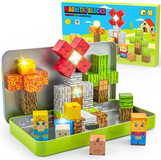 Aywewii Magnetic Blocks 45 PCS Travel Toys for Kids Ages 3-8, Toddler Magnetic Building Cubes STEM Learning Set with Iron Case - Portable Building Toys Gift for Boys and Girls (Farm Edition 1)