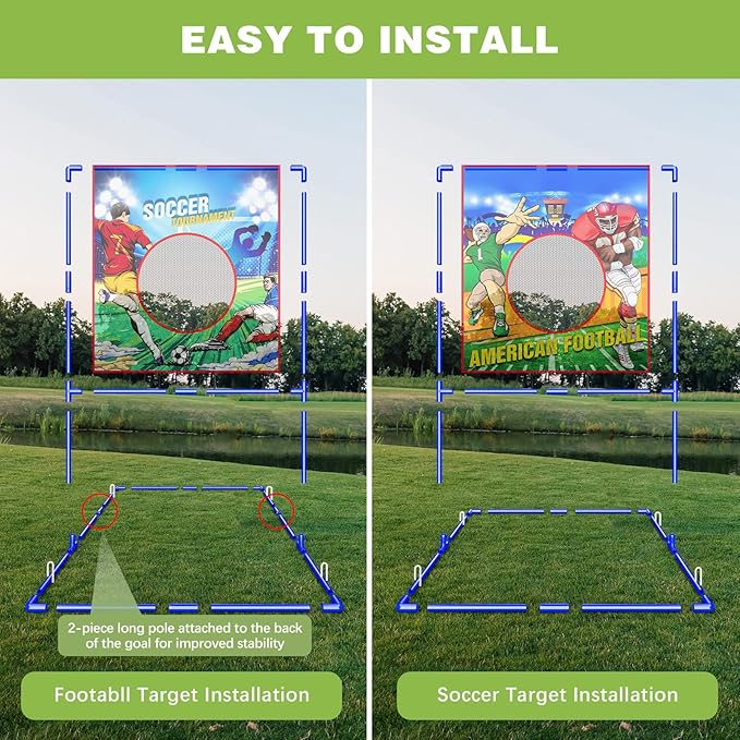 VATOS 2 in 1 Football Toss Target Games and Soccer Toy for Kids, Throwing Target Double-Sided Goal with 2 Inflatable Footballs & 2 Soccer Balls, Indoor Outdoor Back to School Activity Toy Gift