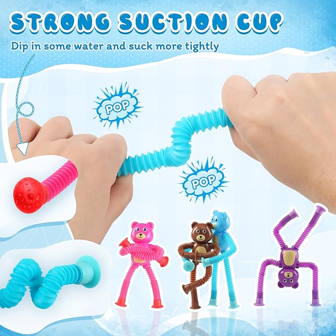 Bear Sensory Toys 4Pcs for Toddlers Kid Boy, Travel Airplane Activities Suction Autism Pop Tube Fidget Toys ADHD Autism Plane Road Trip Activities Essential,Stocking Stuffer Autistic Gifts