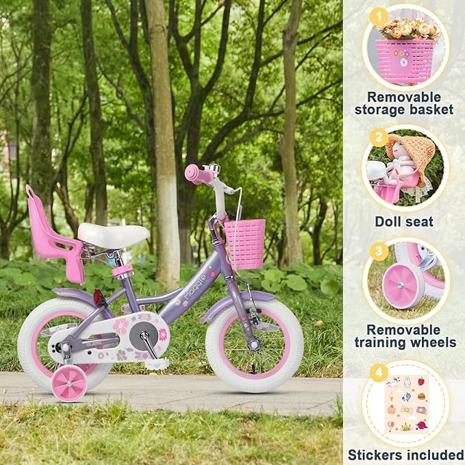 Glerc Maggie Girls Bike, 12-20 Inch Kids Bike for 2-13 Years Old Children, Princess Style Kids Bicycle with Doll-Seat & Basket & Training Wheels, Multiple Colors