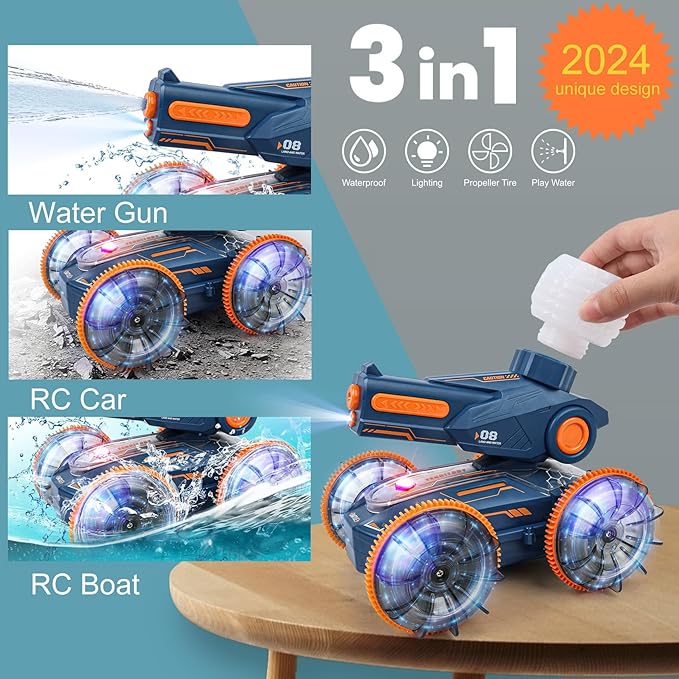 Amphibious Remote Control Car - Stunt Toy for Kids Ages 6-8-12, Water & Land 4WD with Gesture Sensing, Lights, Waterproof, Rotation, Beach & Pool Fun, Idea for Boys