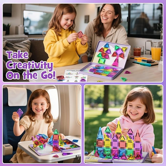 42-Piece Mini Magnetic Tiles Travel Set with Metal Storage Box - Portable STEM Building Blocks for Kids Ages 3-8, Montessori Educational Toys for Airplane & Car Rides, Gift for Boys & Girls