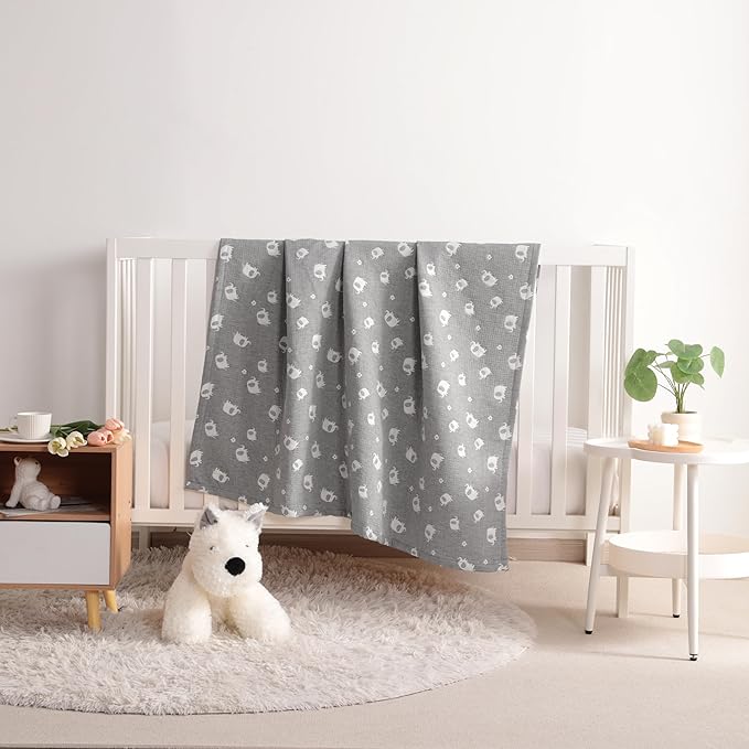 NTBAY 3 Layer Oversized Muslin Cotton Toddler Blanket, Jacquard Reversible Nursery Bed Blanket, Super Soft and Thermal for All Seasons, Baby Gift, 45"x60", Dark Grey Elephant