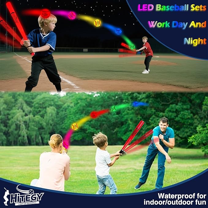 LED Baseball Bat and Ball Set, Rechargeable Glow in The Dark Baseballs (5 Color) | USB Charging, Waterproof | for Night Practice, Backyard Games, Gifts for Boys, Girls, Kids & Adults