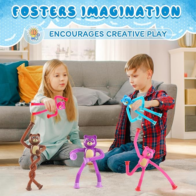 Bear Sensory Toys 4Pcs for Toddlers Kid Boy, Travel Airplane Activities Suction Autism Pop Tube Fidget Toys ADHD Autism Plane Road Trip Activities Essential,Stocking Stuffer Autistic Gifts