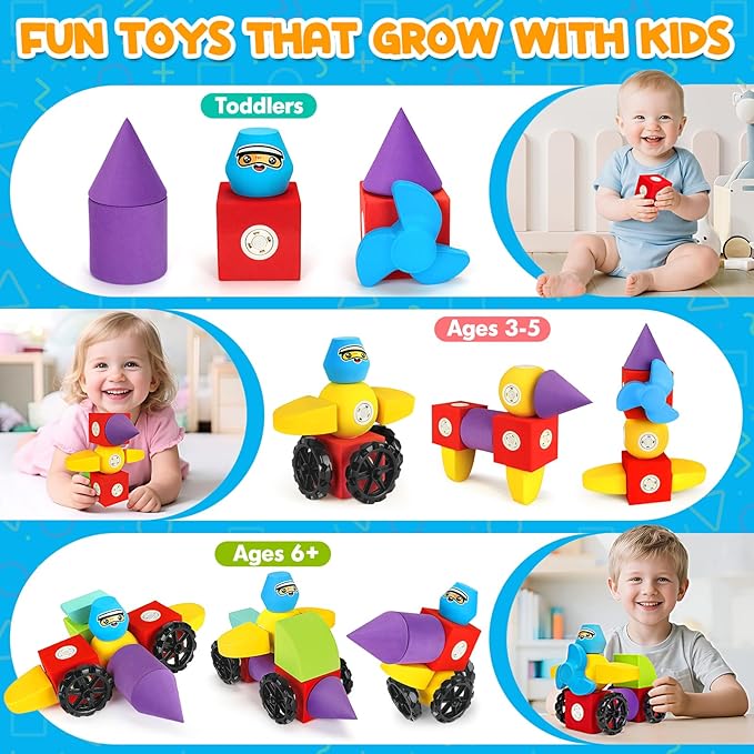 15 PCS Magnetic Foam Blocks, STEM Preschool Toys for Children, Magnetic Building Blocks for Toddlers, Kids Bath Toys and Montessori Sensory Toys, Birthday for Boys & Girls Age 3 4 5 6+
