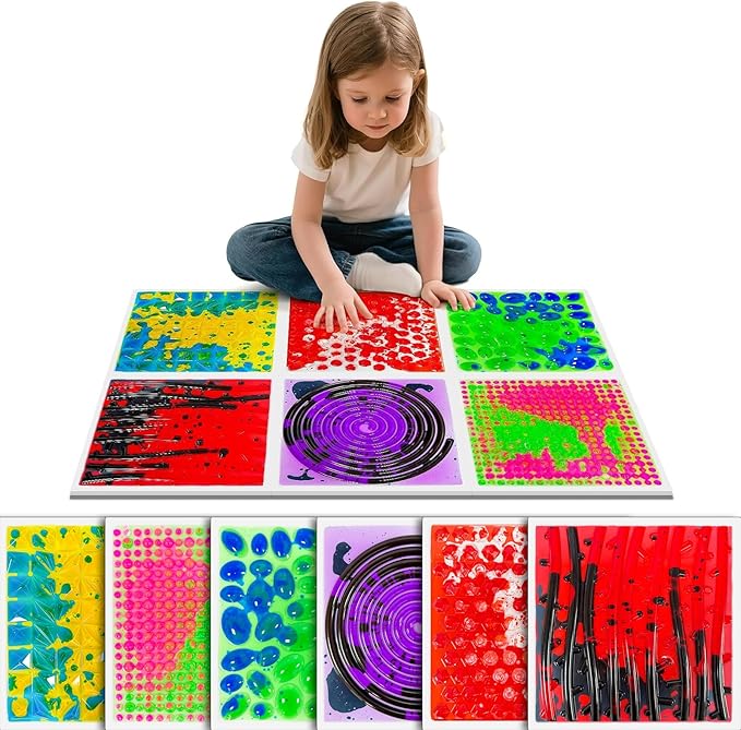 Texture Sensor Liquid Tiles - 6 Square Lava Set, 12" X 12" Sensory Mat, Multi-Color Textured Sensory Lava Tiles, Ages 3 4 5 6+.