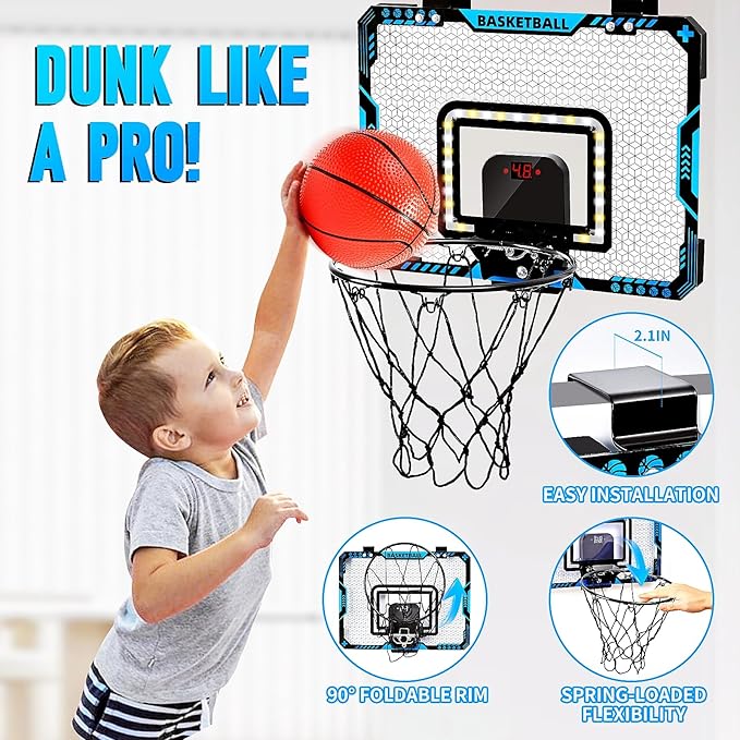 BATURU Mini Basketball Hoop Indoor for Kids – Over The Door Basketball Hoop with LED Scoreboard, Lights, Sound – Sports Gifts Toys for Boys Ages 5-12