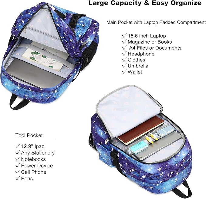 Hidds Laptop Backpacks 16 Inch School Bag College Backpack Anti Theft Travel Casual Daypack Bags Cute Bookbags Large Colorfull Carry on Back Pack for Teens Girls Women Students (Galaxy Blue)