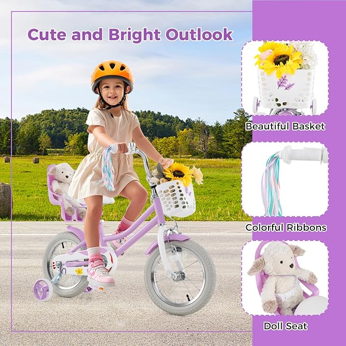 BABY JOY Kids Bike, 12 14 16 18 Inch Children Bicycle w/Detachable Training Wheels, Storage Basket, Adjustable Seat & Handlebar, Bow or Streamer, Girls Bike for 3-8 Years Old