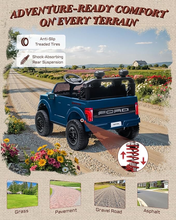 First Ride On Licensed Ford F-150 Raptor 2 Seater Ride on Car for Kids, 24 Volt Ride on Toys for Boys w/Remote Control, Kids Electric Car w/LED Lights, Bluetooth, Truck Bed Storage, Soft Start (Blue)