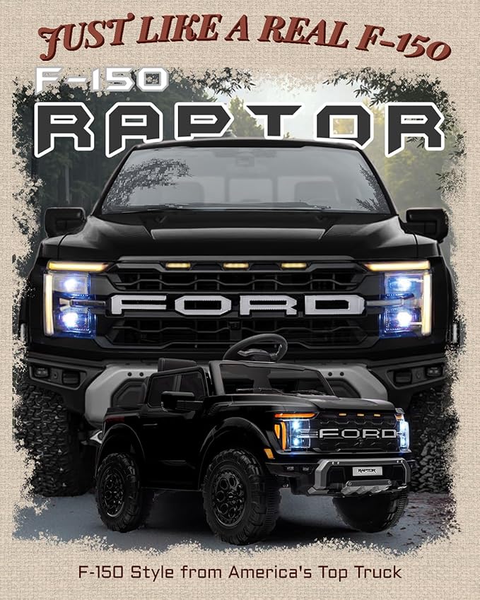 First Ride On 12V Licensed Ford F-150 Raptor Kids Ride on Toy, Ride on Truck with Parent Remote Control, Electric Car for Kids with Truck Bed Storage, 3 Point Safety Belt, LED Lights (Black)