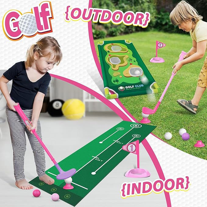 Liberry Toddler Golf Set for 2 3 4 Years Old Girls Boys, Upgraded Kids Golf Cart with Golf Cornhole Board & Putting Mat, Indoor and Outdoor Golf Toys Birthday Gift, Pink