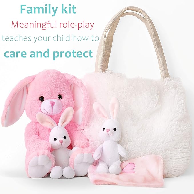 Perfectto Design Easter Gifts for Kids, Stuffed Bunny Toy 5 Pcs - Mommy Stuffed Rabbit, 2 Baby Bunnies and Furry Bag. Soft Easter Bunny Plush Gift for Kids 3-5