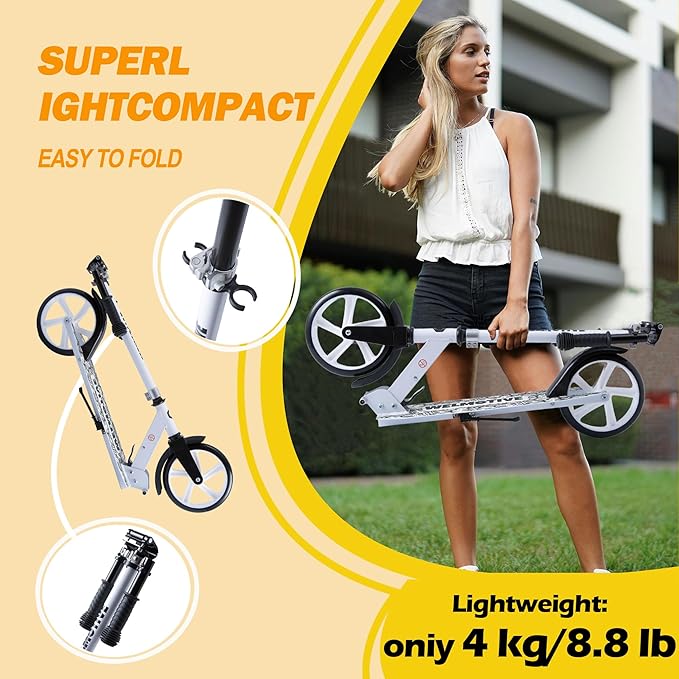 Kick Scooter for Kids Ages 6+, Teens & Adults, Adjustable Handlebars, Rear Brake, Big Wheel Foldable Scooter for Indoor & Outdoor