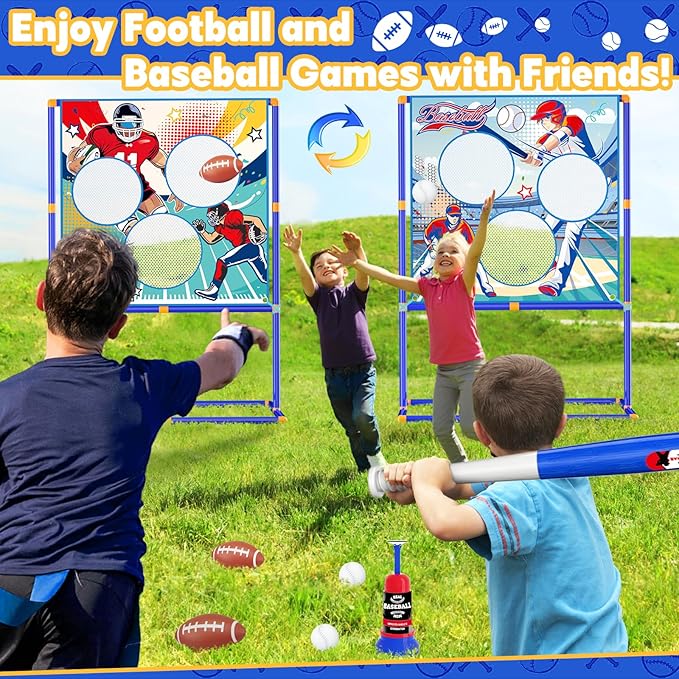 2-in-1 Football & Baseball Toss Target Games for Kids 4-8 8-12, 3-Hole Double-Sided Strike Zone with T Ball Set and Ball Launcher for Toddlers, Indoor Outdoor Toys Backyard Sport Gifts for Boys