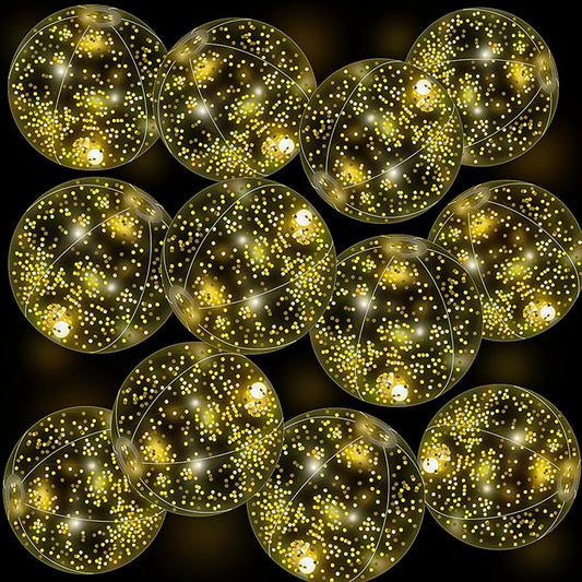 12 Pack 12 Inch Glow in The Dark LED Beach Ball Jumbo Confetti Glitters Inflatable Ball Swimming Pool for Party Pool Summer(Gold)