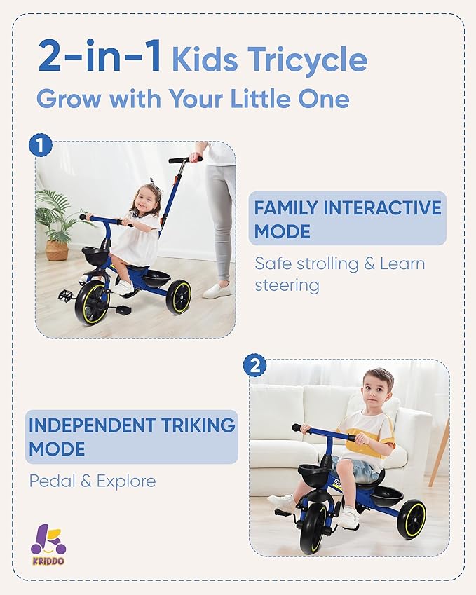 KRIDDO 2-in-1 Toddler Tricycle for Ages 18 Months to 5 Years Old - Extended Push Handle for Effortless Push, Gift Trike for Toddler 3 to 5 Year, Kids Tricycle with Foldable Front Footrest, Blue