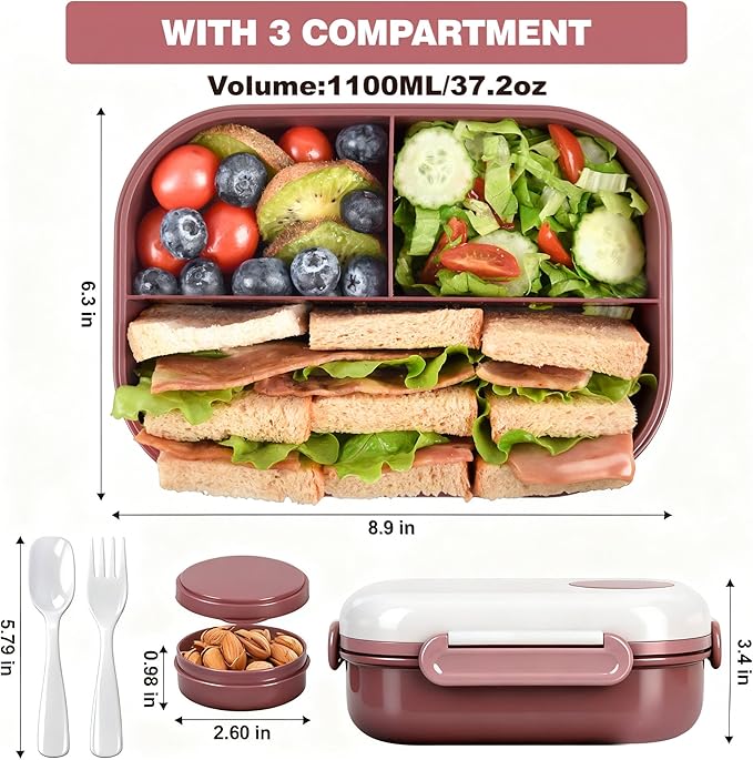 Lunch Box for Women & Adults - Kid-Friendly 37.2oz 3-Compartment Bento Box with Thick Insulated Lunch Bag, Leak-Proof with Sauce Container, Built-in Utensil Set, Dishwasher Safe (Claret)