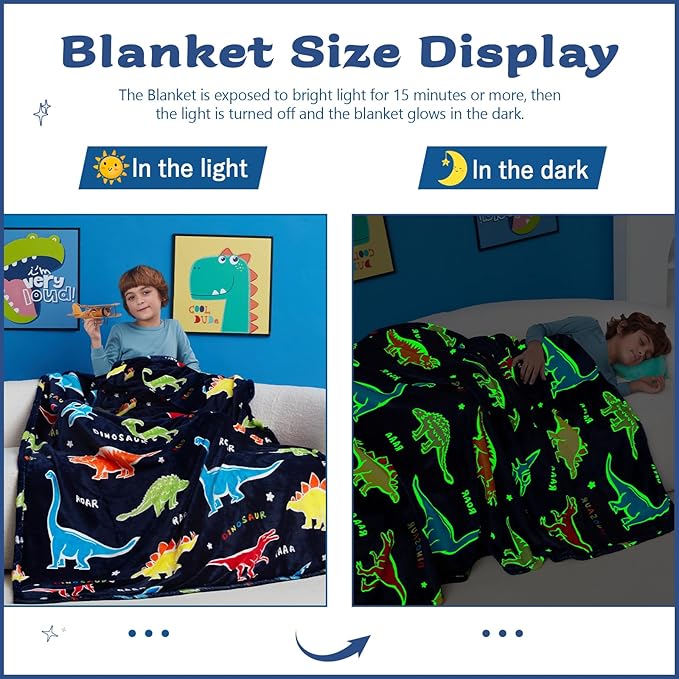 QSTEHEML Dinosaur Glow in The Dark Blanket,Dinosaur Gifts for Boys Age 3 4 5 6 7 8 9 10 11 12 Year Old, Soft Throw Blanket for Kids Boys- Christmas Birthday Bedroom Decor 50"×60"