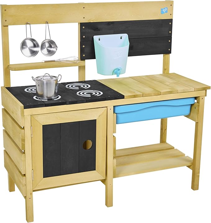 TP Toys, Deluxe Wooden Mud Kitchen for Boys and Girls Ages 3-8 | Kids Outdoor Kitchen Playset with Sand and Water Pan, Play Sink, and Kitchen Accessories | Fun Backyard Pretend Play for Toddlers.