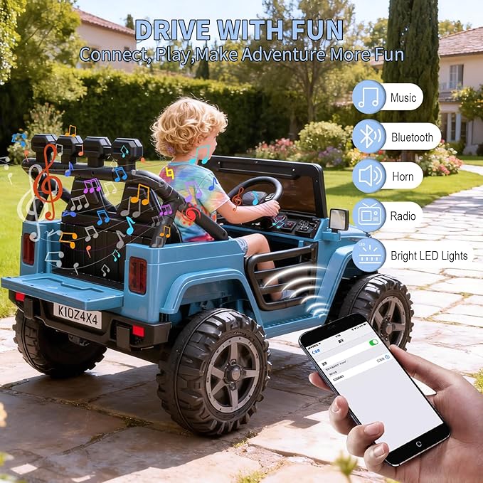 2 Seater Ride on Car Toy for Kids, 24V 4x4 Ride-on Truck, w/Parent Control, Soft Start, 3 Speed, 4-Wheeler Suspension, Bluetooth, LED Lights, Electric Car for Kids Toddler Ages 3-8, Blue