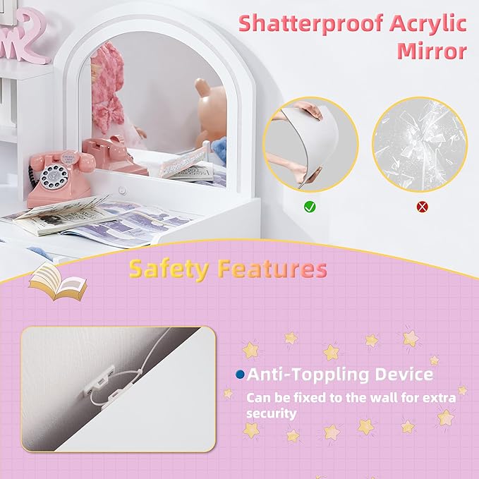 Kids Vanity with Lights, Princess Vanity Set with Drawer and Storage Shelves, 2 in 1 Toddler Makeup Vanity with Lighted Mirror, Girls Vanity Set with Stool for Little Girls (White)