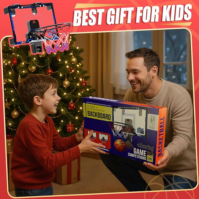 HopeRock Indoor Basketball Hoop with Projected Court, Basketball Hoops for Kids Over The Door with Scoreboard & 3 Balls, Mini Hoops Basketball Toys Gifts for 5 6 7 8 9 10 11 12 Year Old Boys Girls