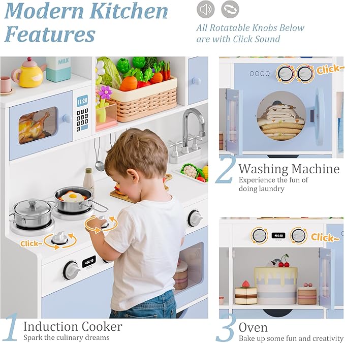 Keyluv Wooden Play Kitchen for Kids and Toddler, Montessori Toy Kitchen Playset with Plenty of Pretend Play Features and Storage Drawers, Gift for Boys and Girls, Blue