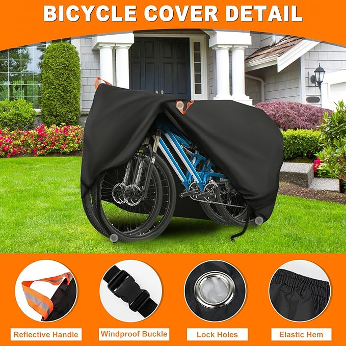 Bike Cover, Bicycle Cover Outdoor Waterproof Storage All Weather Rain Sun Windproof for Mountain Road Bike Electric Bike with Lock Holes & Reflective Strip (1 or 2 Bikes)