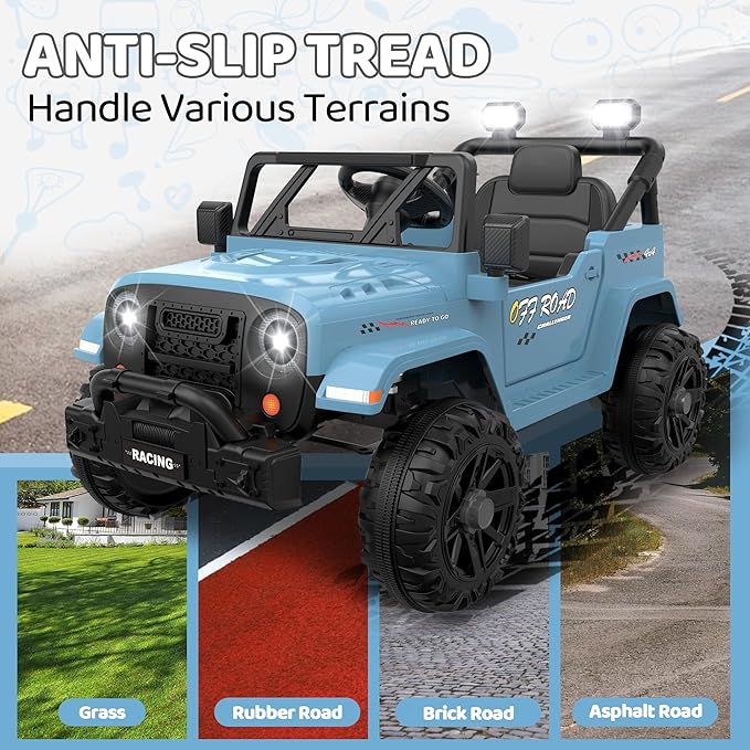 12V Ride On Truck Car with Remote Control, Kids Electric Vehicles with Bluetooth Music, Horn, 3 Speeds, 4 LED Lights, Soft Start, Ride on Toys for Toddler Boys & Girls (Blue)