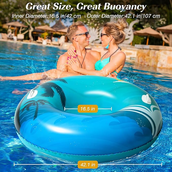 HeySplash Pool Tubes for Adult, 42 Inch Large Pool Floats with Handles, Inflatable Swim Rings Lounge, Hawaii Fun Swim Floaties Swimming Pool Beach Lake River Party Decoration Toys, Blue Green Beach